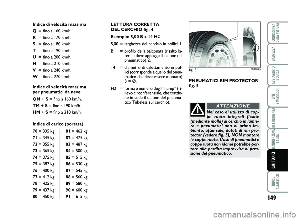 Abarth 500 2013 Libretto Uso Manutenzione (in Italian) LETTURA CORRET TA
DEL CE RCHIO fi g\b 4
Es emp io: 5,00 B x 14 H \f
5,0 0= larg hezza del cerc h io in pollic i 1 .
B= profilo de lla ba lco nata ( risal to l a\b
te ral e dove appo ggia il Abarth 500 2013 Libretto Uso Manutenzione (in Italian) LETTURA CORRET TA
DEL CE RCHIO fi g\b 4
Es emp io: 5,00 B x 14 H \f
5,0 0= larg hezza del cerc h io in pollic i 1 .
B= profilo de lla ba lco nata ( risal to l a\b
te ral e dove appo ggia il