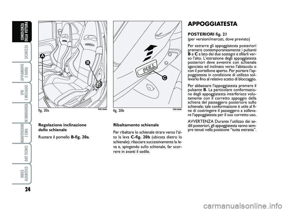 Abarth 500 2013  Libretto Uso Manutenzione (in Italian) 24
SICUREZZA
AVVIAMENTO 
E GUIDA
SPIE 
E MESSAGGI
IN EMERGENZA
MANUTENZIONE
E CURA 
DATI TECNICI
INDICE 
ALFABETICO
CONOSCENZA
DELLA VETTURA
APPOGGIATESTA
POSTERIORI fig. 21
(per versioni/mercati, dov