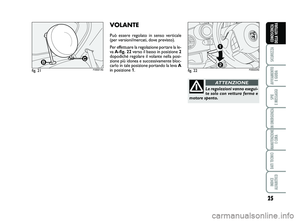 Abarth 500 2013  Libretto Uso Manutenzione (in Italian) 25
SICUREZZA
AVVIAMENTO 
E GUIDA
SPIE 
E MESSAGGI
IN EMERGENZA
MANUTENZIONE
E CURA
DATI TECNICI
INDICE 
ALFABETICO
CONOSCENZA
DELLA VETTURA
fig. 21F0S021Ab
VOLANTE
Può essere regolato in senso vertic