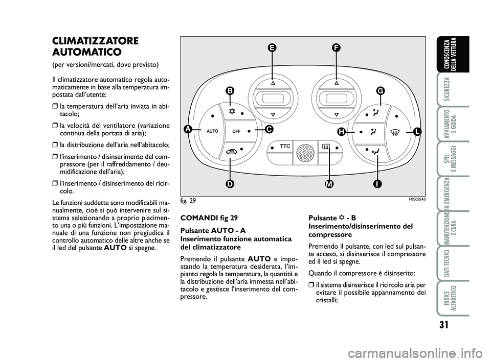 Abarth 500 2013  Libretto Uso Manutenzione (in Italian) 31
SICUREZZA
AVVIAMENTO 
E GUIDA
SPIE 
E MESSAGGI
IN EMERGENZA
MANUTENZIONE
E CURA
DATI TECNICI
INDICE 
ALFABETICO
CONOSCENZA
DELLA VETTURA
CLIMATIZZATORE
AUTOMATICO 
(per versioni/mercati, dove previ