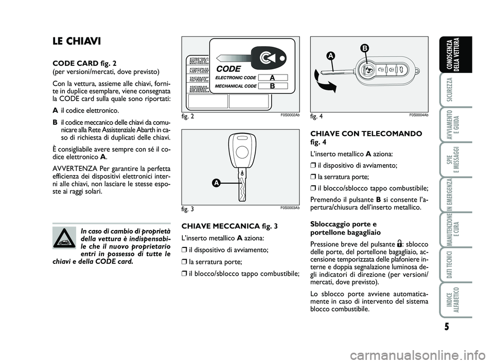 Abarth 500 2013 Libretto Uso Manutenzione (in Italian) CHIAVE CON TELECOMANDO
fig. 4
L’inserto metallico Aaziona:
❒il dispositivo di avviamento;
❒la serratura porte;
❒il blocco/sblocco tappo combustibile;
Premendo il pulsante Bsi consente l’a-
p Abarth 500 2013 Libretto Uso Manutenzione (in Italian) CHIAVE CON TELECOMANDO
fig. 4
L’inserto metallico Aaziona:
❒il dispositivo di avviamento;
❒la serratura porte;
❒il blocco/sblocco tappo combustibile;
Premendo il pulsante Bsi consente l’a-
p