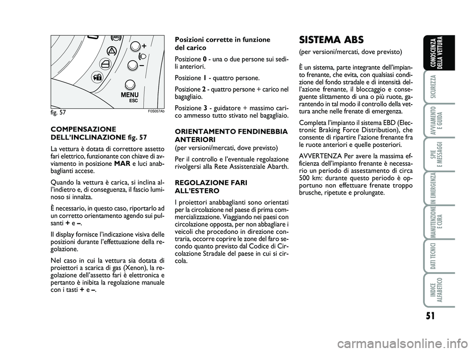 Abarth 500 2013  Libretto Uso Manutenzione (in Italian) 51
SICUREZZA
AVVIAMENTO 
E GUIDA
SPIE 
E MESSAGGI
IN EMERGENZA
MANUTENZIONE
E CURA
DATI TECNICI
INDICE 
ALFABETICO
CONOSCENZA
DELLA VETTURA
COMPENSAZIONE
DELL’INCLINAZIONE fig. 57
La vettura è dota