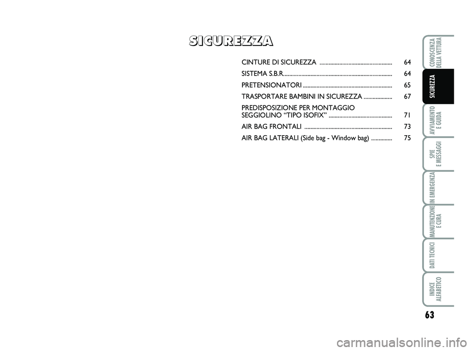 Abarth 500 2013  Libretto Uso Manutenzione (in Italian) 63
AVVIAMENTO 
E GUIDA
SPIE 
E MESSAGGI
IN EMERGENZA
MANUTENZIONE
E CURA
DATI TECNICI
INDICE 
ALFABETICO
CONOSCENZADELLA VETTURA
SICUREZZA
CINTURE DI SICUREZZA ........................................