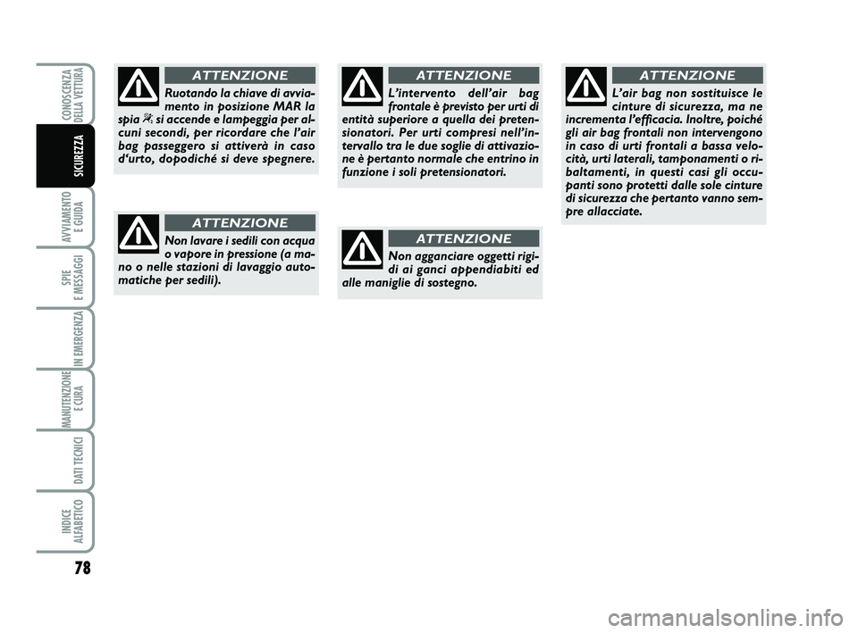 Abarth 500 2013  Libretto Uso Manutenzione (in Italian) 78
AVVIAMENTO 
E GUIDA
SPIE 
E MESSAGGI
IN EMERGENZA
MANUTENZIONE
E CURA 
DATI TECNICI
INDICE 
ALFABETICO
CONOSCENZADELLA VETTURA
SICUREZZA
Non lavare i sedili con acqua
o vapore in pressione (a ma-
n