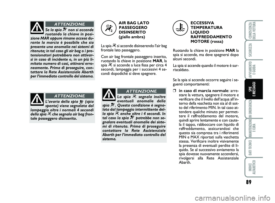 Abarth 500 2013  Libretto Uso Manutenzione (in Italian) 89
IN EMERGENZA
MANUTENZIONE
E CURA
DATI TECNICI
INDICE 
ALFABETICO
CONOSCENZADELLA VETTURA
SICUREZZA
AVVIAMENTO 
E GUIDA
SPIE 
E MESSAGGI
Se la spia ¬non si accende
ruotando la chiave in posi-
zione