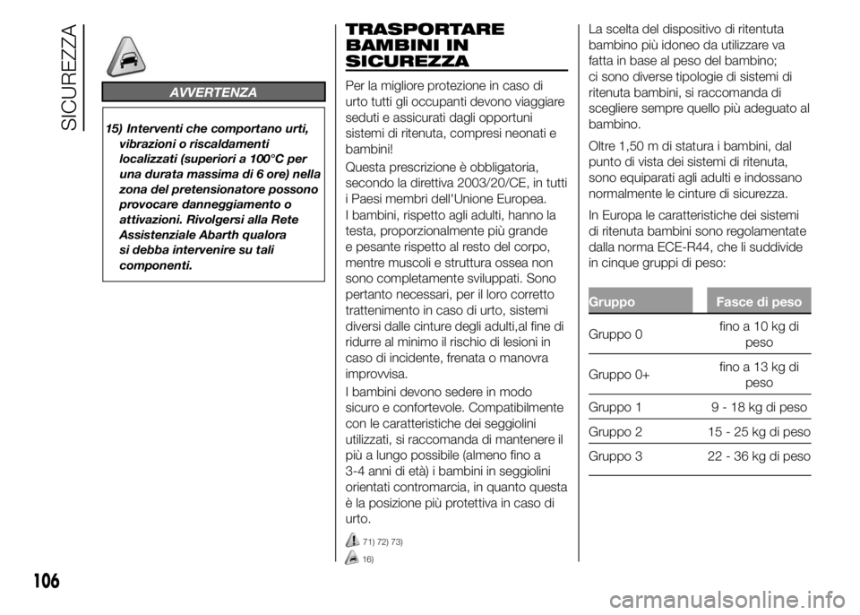 Abarth 500 2016 Libretto Uso Manutenzione (in Italian) AVVERTENZA
15) Interventi che comportano urti,
vibrazioni o riscaldamenti
localizzati (superiori a 100°C per
una durata massima di 6 ore) nella
zona del pretensionatore possono
provocare danneggiamen Abarth 500 2016 Libretto Uso Manutenzione (in Italian) AVVERTENZA
15) Interventi che comportano urti,
vibrazioni o riscaldamenti
localizzati (superiori a 100°C per
una durata massima di 6 ore) nella
zona del pretensionatore possono
provocare danneggiamen