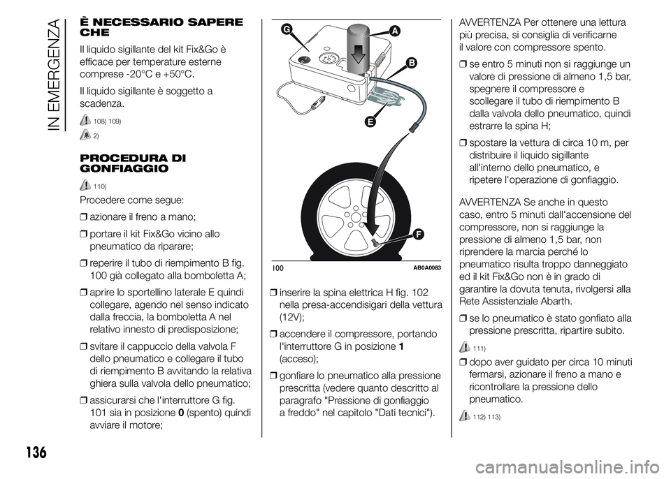Abarth 500 2016 Libretto Uso Manutenzione (in Italian) È NECESSARIO SAPERE
CHE
Il liquido sigillante del kit Fix&Go è
efficace per temperature esterne
comprese -20°C e +50°C.
Il liquido sigillante è soggetto a
scadenza.
108) 109)
2)
PROCEDURA DI
GONF Abarth 500 2016 Libretto Uso Manutenzione (in Italian) È NECESSARIO SAPERE
CHE
Il liquido sigillante del kit Fix&Go è
efficace per temperature esterne
comprese -20°C e +50°C.
Il liquido sigillante è soggetto a
scadenza.
108) 109)
2)
PROCEDURA DI
GONF