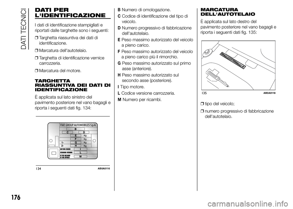 Abarth 500 2016 Libretto Uso Manutenzione (in Italian) DATI PER
L'IDENTIFICAZIONE
I dati di identificazione stampigliati e
riportati dalle targhette sono i seguenti:
❒Targhetta riassuntiva dei dati di
identificazione.
❒Marcatura dell'autotelai Abarth 500 2016 Libretto Uso Manutenzione (in Italian) DATI PER
L'IDENTIFICAZIONE
I dati di identificazione stampigliati e
riportati dalle targhette sono i seguenti:
❒Targhetta riassuntiva dei dati di
identificazione.
❒Marcatura dell'autotelai