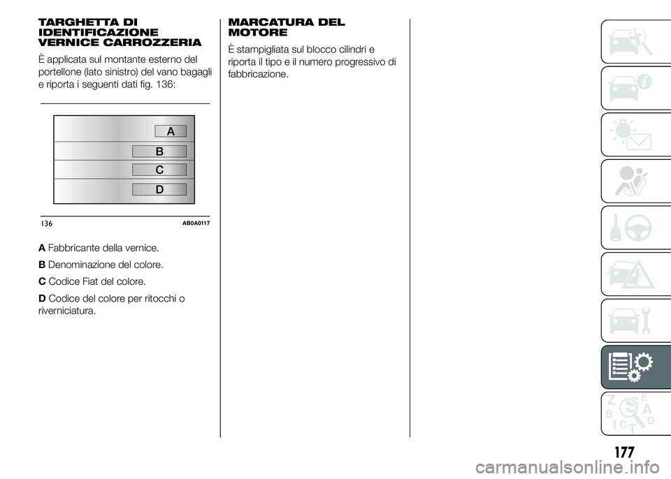 Abarth 500 2016  Libretto Uso Manutenzione (in Italian) TARGHETTA DI
IDENTIFICAZIONE
VERNICE CARROZZERIA
È applicata sul montante esterno del
portellone (lato sinistro) del vano bagagli
e riporta i seguenti dati fig. 136:
AFabbricante della vernice.
BDeno