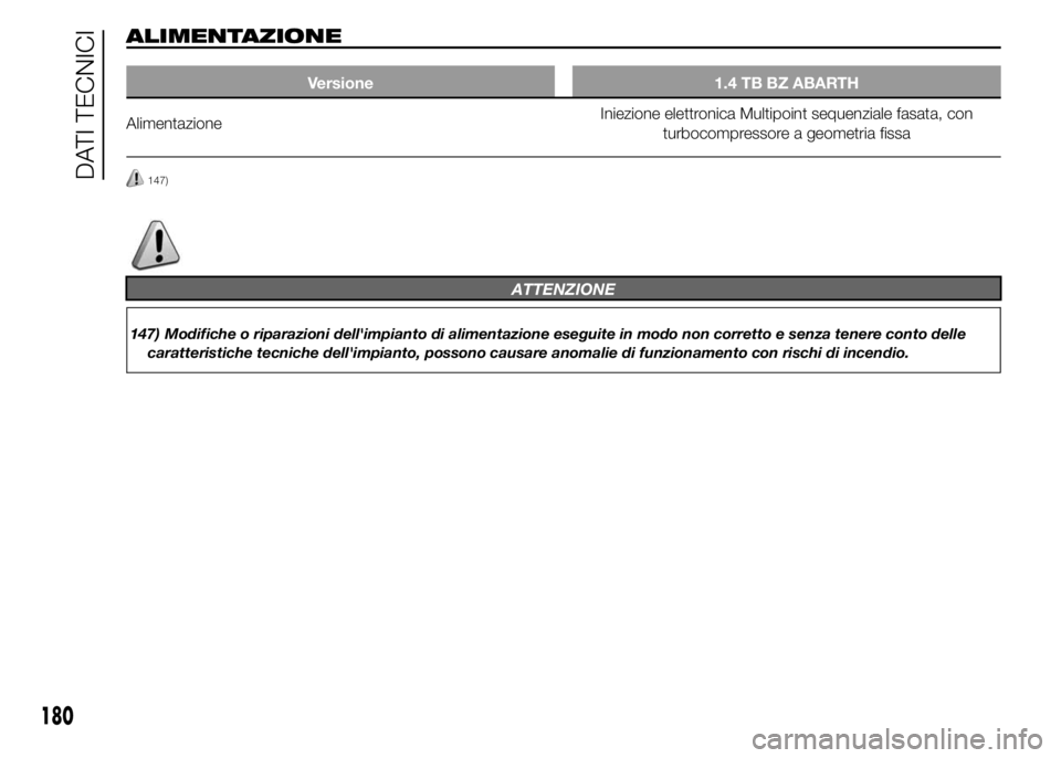 Abarth 500 2016  Libretto Uso Manutenzione (in Italian) ALIMENTAZIONE
Versione 1.4 TB BZ ABARTH
AlimentazioneIniezione elettronica Multipoint sequenziale fasata, con
turbocompressore a geometria fissa
147)
ATTENZIONE
147) Modifiche o riparazioni dell'i