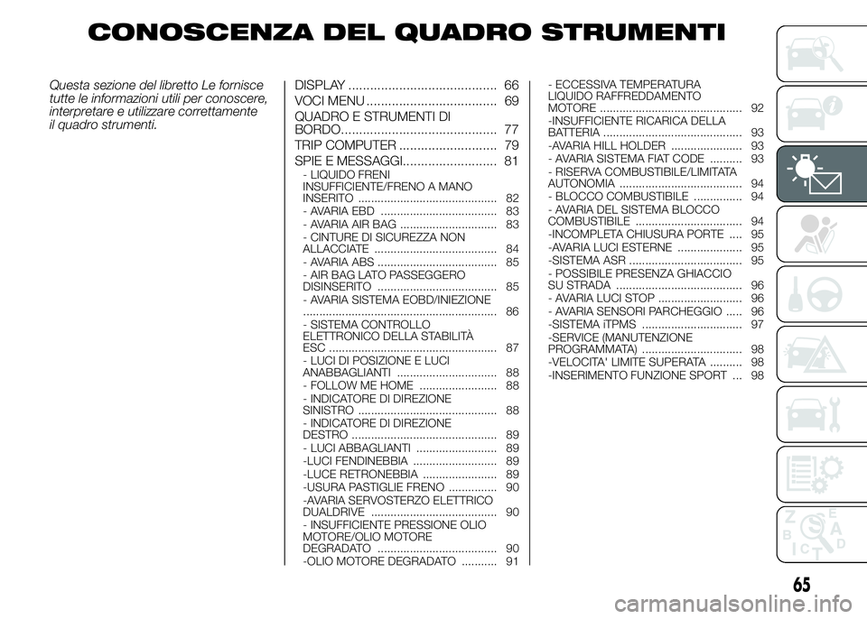 Abarth 500 2016 Libretto Uso Manutenzione (in Italian) CONOSCENZA DEL QUADRO STRUMENTI
Questa sezione del libretto Le fornisce
tutte le informazioni utili per conoscere,
interpretare e utilizzare correttamente
il quadro strumenti.DISPLAY ................. Abarth 500 2016 Libretto Uso Manutenzione (in Italian) CONOSCENZA DEL QUADRO STRUMENTI
Questa sezione del libretto Le fornisce
tutte le informazioni utili per conoscere,
interpretare e utilizzare correttamente
il quadro strumenti.DISPLAY .................