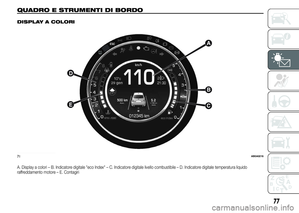 Abarth 500 2016  Libretto Uso Manutenzione (in Italian) QUADRO E STRUMENTI DI BORDO.
DISPLAY A COLORI
A. Display a colori – B. Indicatore digitale "eco Index" – C. Indicatore digitale livello combustibile – D. Indicatore digitale temperatura 