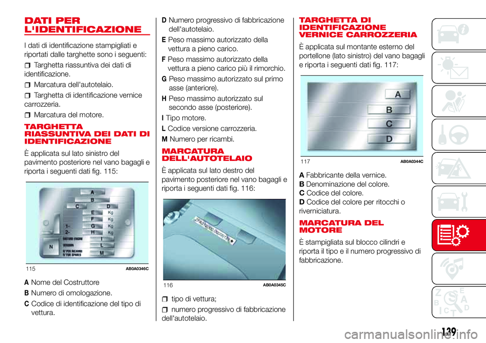 Abarth 500 2017 Libretto Uso Manutenzione (in Italian) DATI PER
L'IDENTIFICAZIONE
I dati di identificazione stampigliati e
riportati dalle targhette sono i seguenti:
Targhetta riassuntiva dei dati di
identificazione.
Marcatura dell'autotelaio.
Tar Abarth 500 2017 Libretto Uso Manutenzione (in Italian) DATI PER
L'IDENTIFICAZIONE
I dati di identificazione stampigliati e
riportati dalle targhette sono i seguenti:
Targhetta riassuntiva dei dati di
identificazione.
Marcatura dell'autotelaio.
Tar