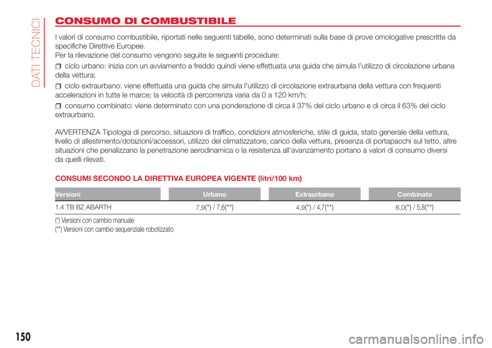 Abarth 500 2018  Libretto Uso Manutenzione (in Italian) CONSUMO DI COMBUSTIBILE
I valori di consumo combustibile, riportati nelle seguenti tabelle, sono determinati sulla base di prove omologative prescritte da
specifiche Direttive Europee.
Per la rilevazi