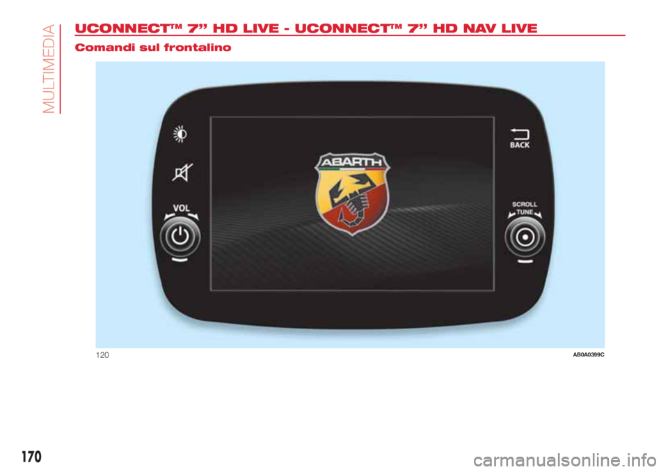 Abarth 500 2018  Libretto Uso Manutenzione (in Italian) UCONNECT™ 7” HD LIVE - UCONNECT™ 7” HD NAV LIVE.
Comandi sul frontalino
120AB0A0399C
170
MULTIMEDIA 