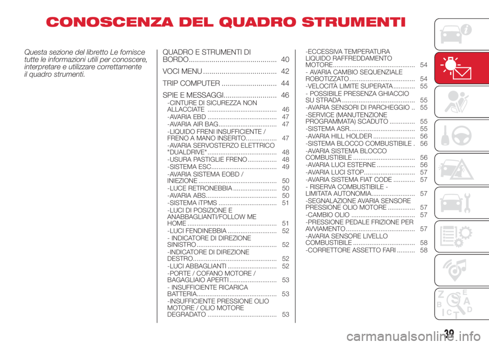 Abarth 500 2018  Libretto Uso Manutenzione (in Italian) CONOSCENZA DEL QUADRO STRUMENTI
Questa sezione del libretto Le fornisce
tutte le informazioni utili per conoscere,
interpretare e utilizzare correttamente
il quadro strumenti.QUADRO E STRUMENTI DI
BOR