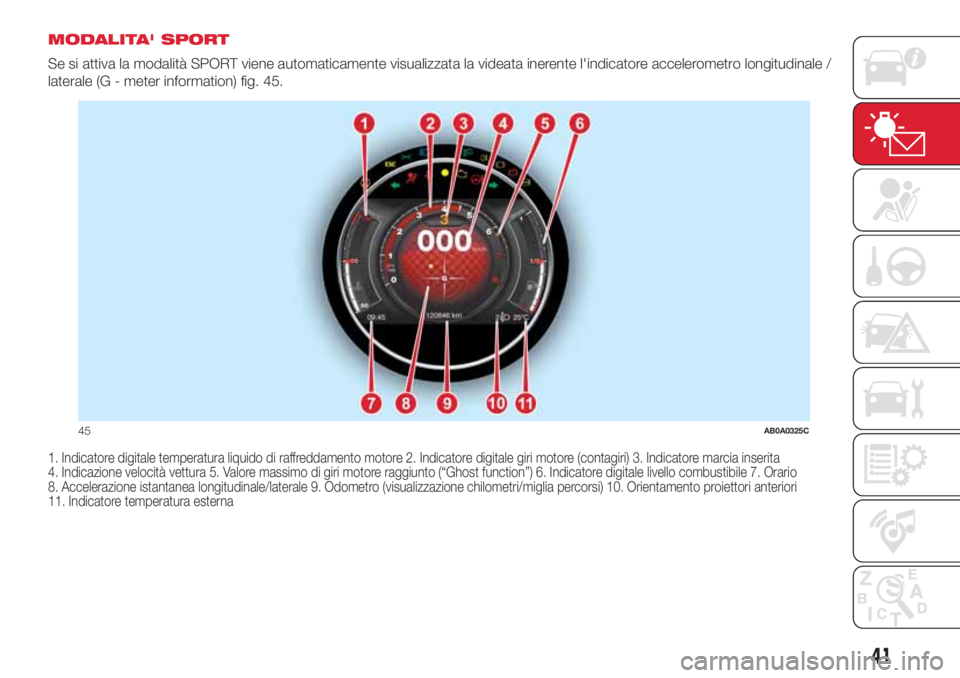 Abarth 500 2018  Libretto Uso Manutenzione (in Italian) MODALITA' SPORT
Se si attiva la modalità SPORT viene automaticamente visualizzata la videata inerente l'indicatore accelerometro longitudinale /
laterale (G - meter information) fig. 45.
1. I