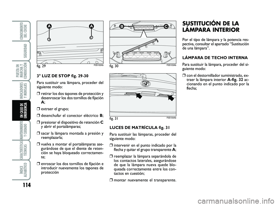 Abarth 500 2009 Manual de Empleo y Cuidado (in Spanish) 114
INDICADORES
Y MENSAJES
MANTENIMIENTOY CUIDADO
CARACTERÍSTICASTÉCNICAS
ÍNDICE
ALFABÉTICO
CONOCIMIENTODEL COCHE
SEGURIDAD
PUESTA EN
MARCHA Y
CONDUCCIÓN
EN CASO DE
EMERGENCIA
SUSTITUCIÓN DE LA
Abarth 500 2009 Manual de Empleo y Cuidado (in Spanish) 114
INDICADORES
Y MENSAJES
MANTENIMIENTOY CUIDADO
CARACTERÍSTICASTÉCNICAS
ÍNDICE
ALFABÉTICO
CONOCIMIENTODEL COCHE
SEGURIDAD
PUESTA EN
MARCHA Y
CONDUCCIÓN
EN CASO DE
EMERGENCIA
SUSTITUCIÓN DE LA