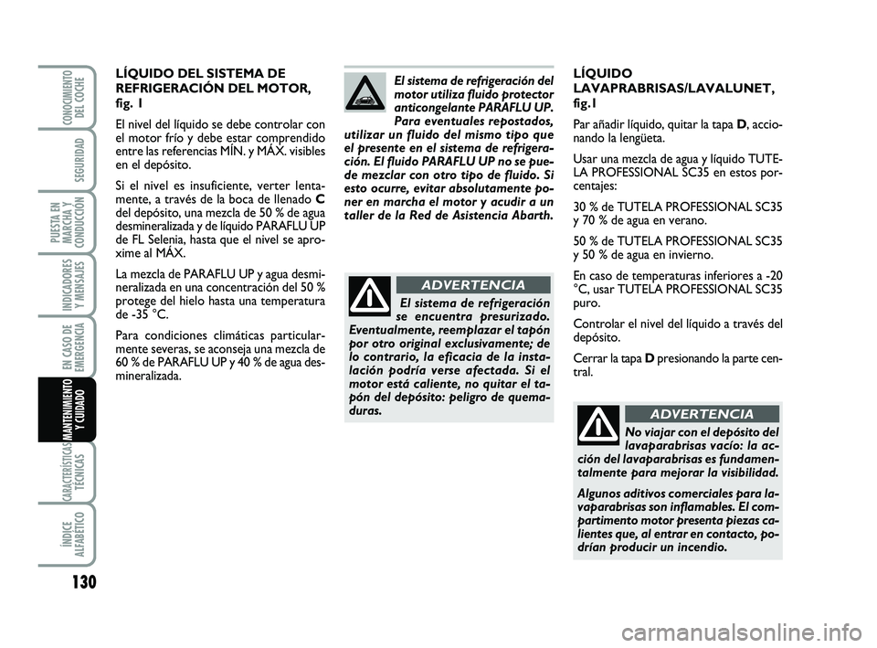 Abarth 500 2009 Manual de Empleo y Cuidado (in Spanish) 130
INDICADORES
Y MENSAJES
CARACTERÍSTICASTÉCNICAS
ÍNDICE
ALFABÉTICO
CONOCIMIENTODEL COCHE
SEGURIDAD
PUESTA EN
MARCHA Y
CONDUCCIÓN
EN CASO DE
EMERGENCIA
MANTENIMIENTO
Y CUIDADO
LÍQUIDO
LAVAPRABR Abarth 500 2009 Manual de Empleo y Cuidado (in Spanish) 130
INDICADORES
Y MENSAJES
CARACTERÍSTICASTÉCNICAS
ÍNDICE
ALFABÉTICO
CONOCIMIENTODEL COCHE
SEGURIDAD
PUESTA EN
MARCHA Y
CONDUCCIÓN
EN CASO DE
EMERGENCIA
MANTENIMIENTO
Y CUIDADO
LÍQUIDO
LAVAPRABR