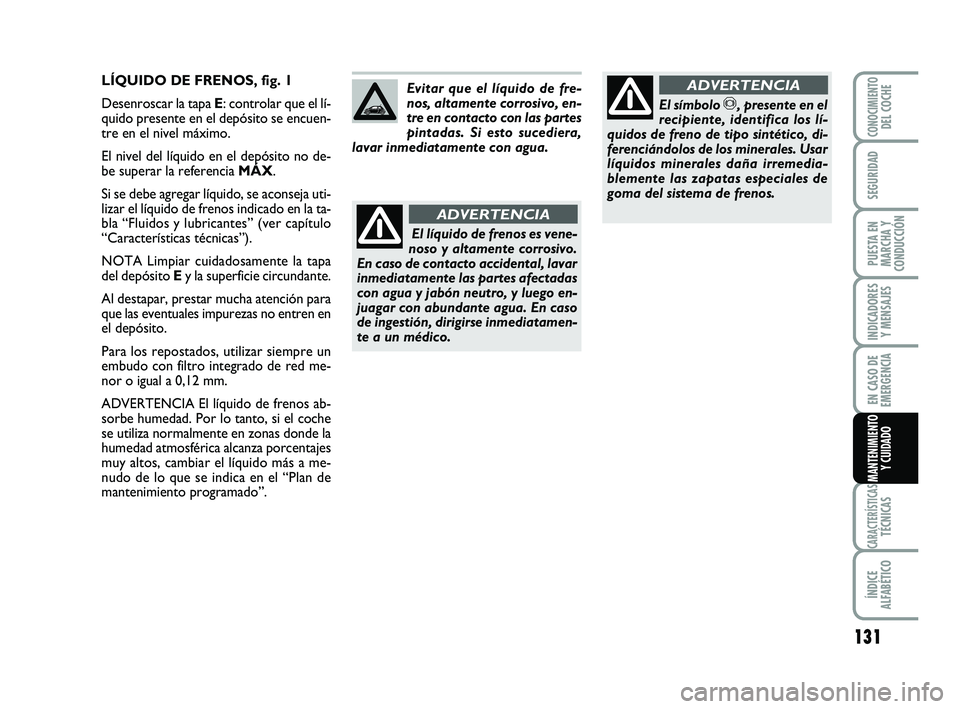 Abarth 500 2009 Manual de Empleo y Cuidado (in Spanish) 131
INDICADORES
Y MENSAJES
CARACTERÍSTICASTÉCNICAS
ÍNDICE
ALFABÉTICO
CONOCIMIENTODEL COCHE
SEGURIDAD
PUESTA EN
MARCHA Y
CONDUCCIÓN
EN CASO DE
EMERGENCIA
MANTENIMIENTO
Y CUIDADO
LÍQUIDO DE FRENOS Abarth 500 2009 Manual de Empleo y Cuidado (in Spanish) 131
INDICADORES
Y MENSAJES
CARACTERÍSTICASTÉCNICAS
ÍNDICE
ALFABÉTICO
CONOCIMIENTODEL COCHE
SEGURIDAD
PUESTA EN
MARCHA Y
CONDUCCIÓN
EN CASO DE
EMERGENCIA
MANTENIMIENTO
Y CUIDADO
LÍQUIDO DE FRENOS