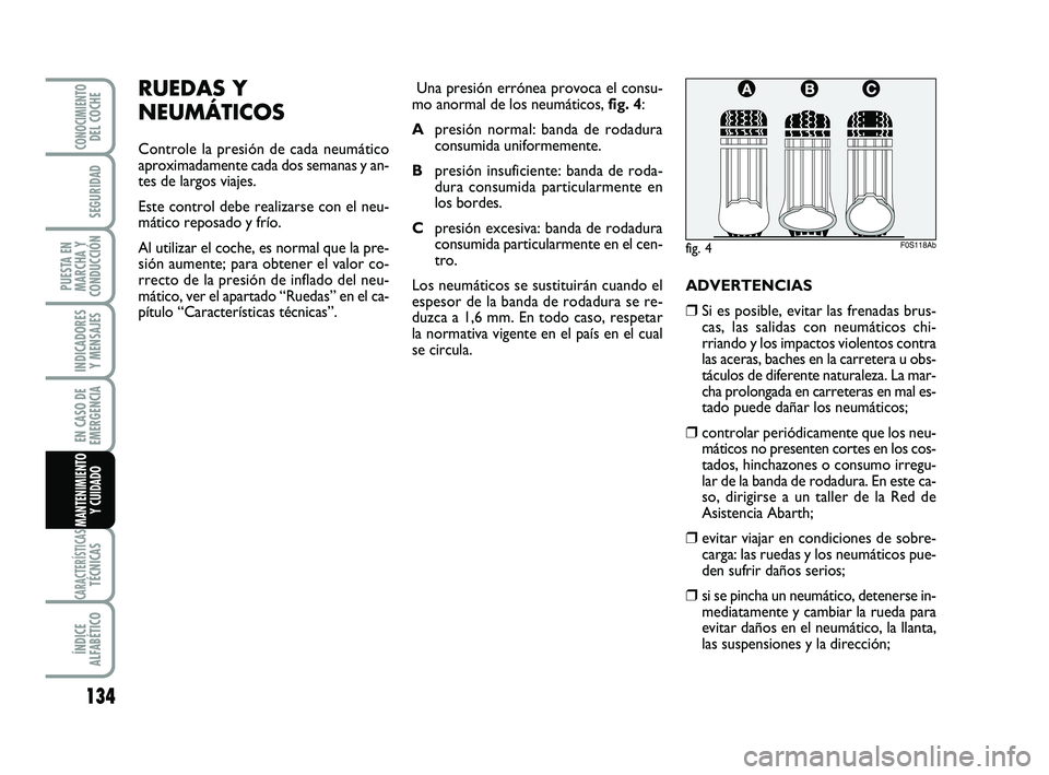 Abarth 500 2009 Manual de Empleo y Cuidado (in Spanish) 134
INDICADORES
Y MENSAJES
CARACTERÍSTICASTÉCNICAS
ÍNDICE
ALFABÉTICO
CONOCIMIENTODEL COCHE
SEGURIDAD
PUESTA EN
MARCHA Y
CONDUCCIÓN
EN CASO DE
EMERGENCIA
MANTENIMIENTO
Y CUIDADO
RUEDAS Y
NEUMÁTIC Abarth 500 2009 Manual de Empleo y Cuidado (in Spanish) 134
INDICADORES
Y MENSAJES
CARACTERÍSTICASTÉCNICAS
ÍNDICE
ALFABÉTICO
CONOCIMIENTODEL COCHE
SEGURIDAD
PUESTA EN
MARCHA Y
CONDUCCIÓN
EN CASO DE
EMERGENCIA
MANTENIMIENTO
Y CUIDADO
RUEDAS Y
NEUMÁTIC