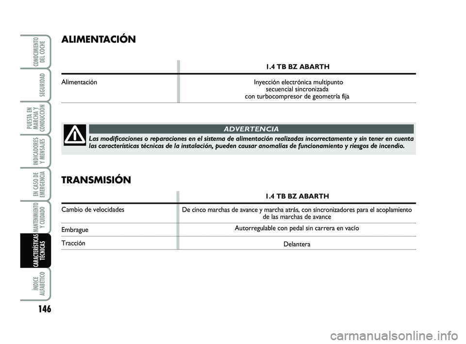 Abarth 500 2009  Manual de Empleo y Cuidado (in Spanish) 146
INDICADORES
Y MENSAJES
ÍNDICE
ALFABÉTICO
CONOCIMIENTODEL COCHE
SEGURIDAD
PUESTA EN
MARCHA Y
CONDUCCIÓN
EN CASO DE
EMERGENCIA
MANTENIMIENTOY CUIDADO 
CARACTERÍSTICASTÉCNICAS
ALIMENTACIÓN
1.4 