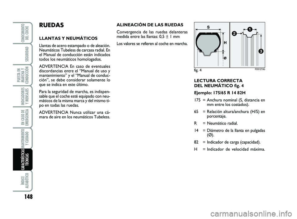 Abarth 500 2009 Manual de Empleo y Cuidado (in Spanish) LECTURA CORRECTA
DEL NEUMÁTICO fig. 4
Ejemplo: 175/65 R 14 82H
175 = Anchura nominal (S, distancia en
mm entre los costados).
65 = Relación altura/anchura (H/S) en
porcentaje.
R = Neumático radial Abarth 500 2009 Manual de Empleo y Cuidado (in Spanish) LECTURA CORRECTA
DEL NEUMÁTICO fig. 4
Ejemplo: 175/65 R 14 82H
175 = Anchura nominal (S, distancia en
mm entre los costados).
65 = Relación altura/anchura (H/S) en
porcentaje.
R = Neumático radial