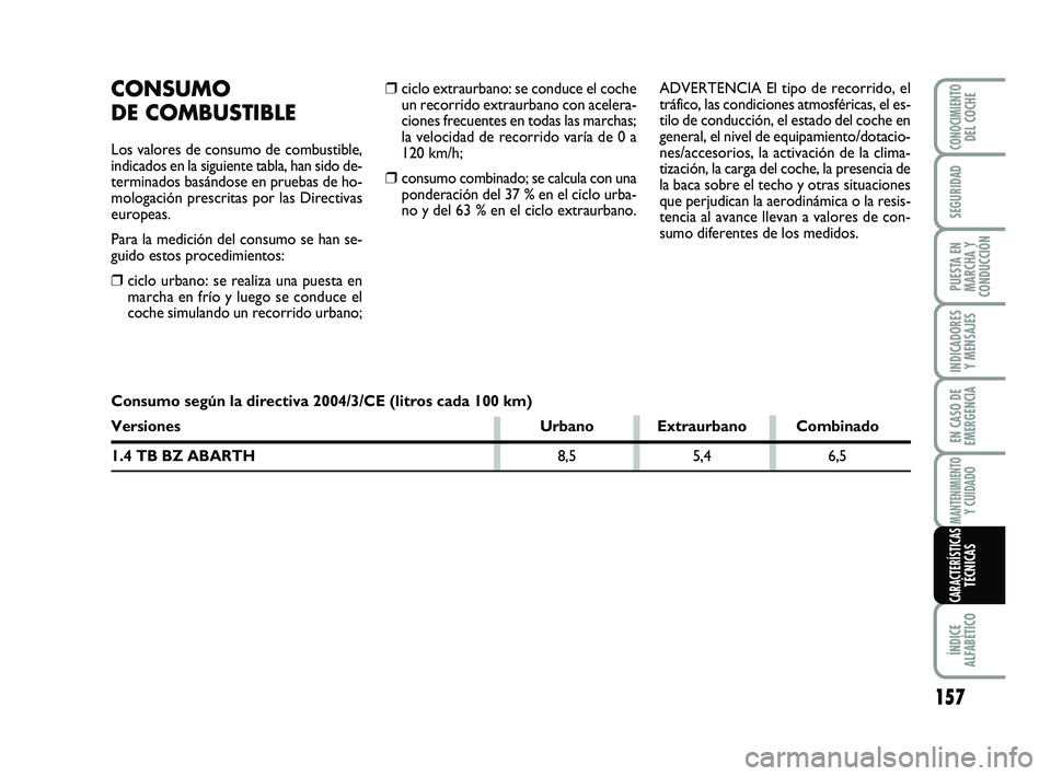 Abarth 500 2009  Manual de Empleo y Cuidado (in Spanish) ❒ciclo extraurbano: se conduce el coche
un recorrido extraurbano con acelera-
ciones frecuentes en todas las marchas;
la velocidad de recorrido varía de 0 a
120 km/h;
❒consumo combinado; se calcu