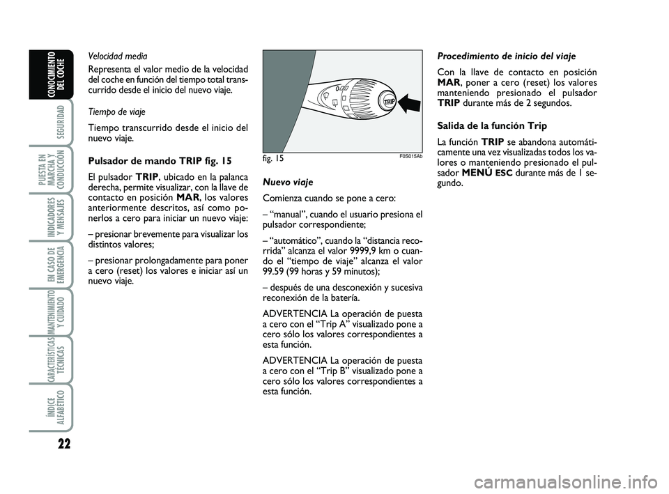 Abarth 500 2009 Manual de Empleo y Cuidado (in Spanish) 22
SEGURIDAD
PUESTA EN
MARCHA Y
CONDUCCIÓN
INDICADORES
Y MENSAJES
EN CASO DE
EMERGENCIA
MANTENIMIENTOY CUIDADO
CARACTERÍSTICASTÉCNICAS
ÍNDICE
ALFABÉTICO
CONOCIMIENTO
DEL COCHE
Velocidad media
Rep Abarth 500 2009 Manual de Empleo y Cuidado (in Spanish) 22
SEGURIDAD
PUESTA EN
MARCHA Y
CONDUCCIÓN
INDICADORES
Y MENSAJES
EN CASO DE
EMERGENCIA
MANTENIMIENTOY CUIDADO
CARACTERÍSTICASTÉCNICAS
ÍNDICE
ALFABÉTICO
CONOCIMIENTO
DEL COCHE
Velocidad media
Rep