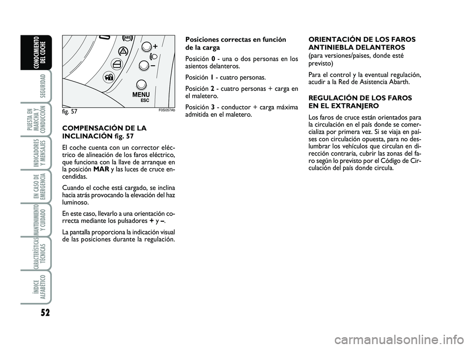 Abarth 500 2009  Manual de Empleo y Cuidado (in Spanish) 52
SEGURIDAD
PUESTA EN
MARCHA Y
CONDUCCIÓN
INDICADORES
Y MENSAJES
EN CASO DE
EMERGENCIA
MANTENIMIENTOY CUIDADO 
CARACTERÍSTICASTÉCNICAS
ÍNDICE
ALFABÉTICO
CONOCIMIENTO
DEL COCHE
COMPENSACIÓN DE L