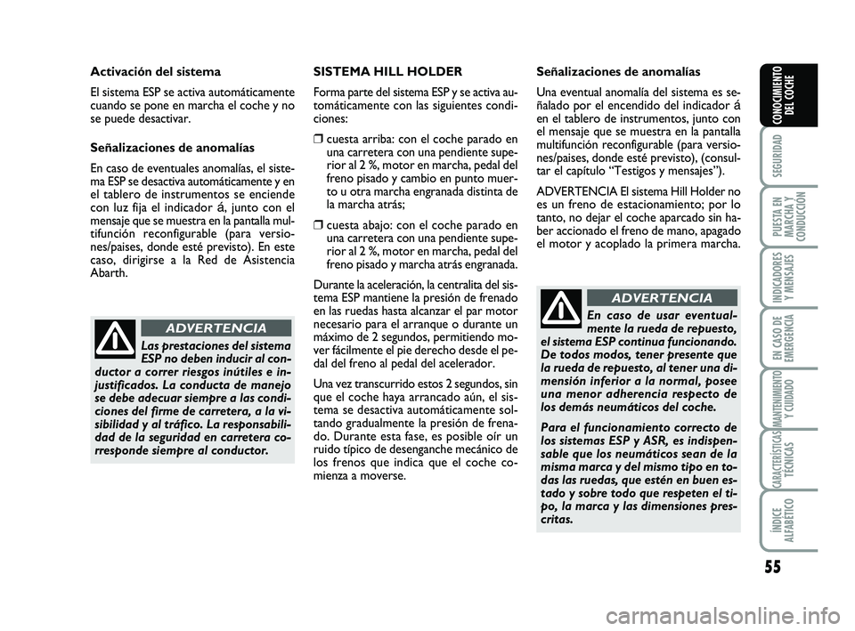 Abarth 500 2009  Manual de Empleo y Cuidado (in Spanish) 55
SEGURIDAD
PUESTA EN
MARCHA Y
CONDUCCIÓN
INDICADORES
Y MENSAJES
EN CASO DE
EMERGENCIA
MANTENIMIENTOY CUIDADO
CARACTERÍSTICASTÉCNICAS
ÍNDICE
ALFABÉTICO
CONOCIMIENTO
DEL COCHE
Las prestaciones de