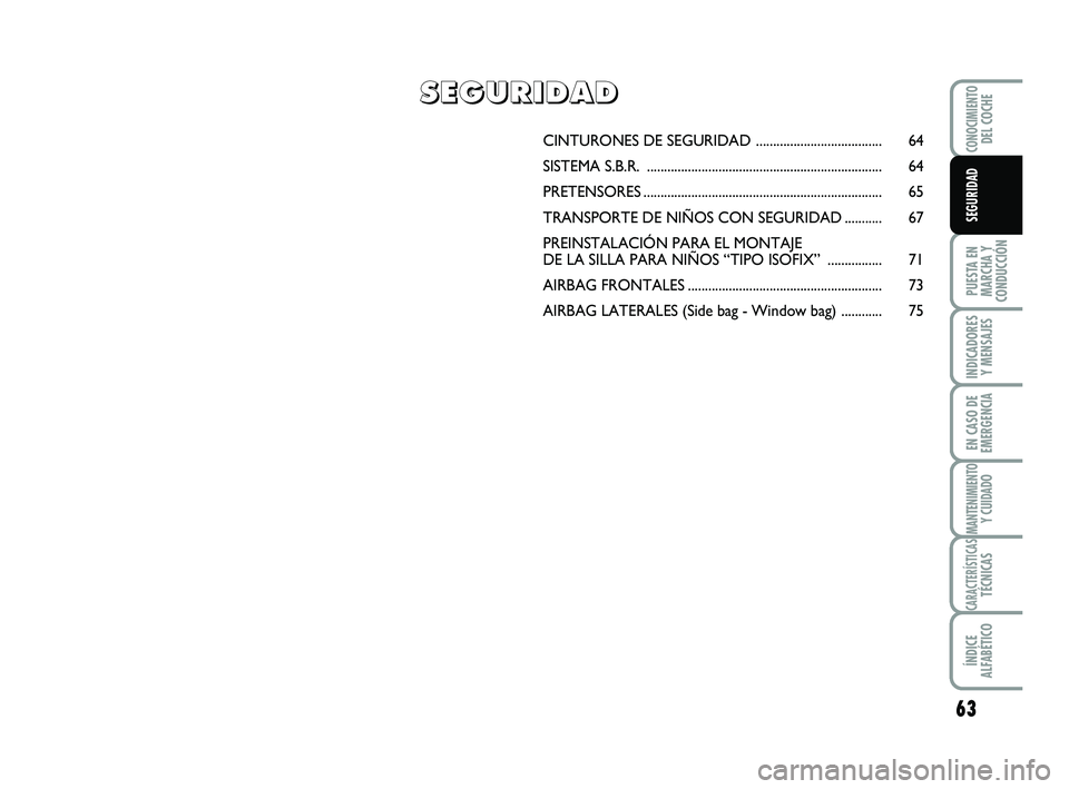 Abarth 500 2009  Manual de Empleo y Cuidado (in Spanish) 63
PUESTA EN
MARCHA Y
CONDUCCIÓN
INDICADORES
Y MENSAJES
EN CASO DE
EMERGENCIA
MANTENIMIENTOY CUIDADO
CARACTERÍSTICASTÉCNICAS
ÍNDICE
ALFABÉTICO
CONOCIMIENTODEL COCHE
SEGURIDAD
CINTURONES DE SEGURI