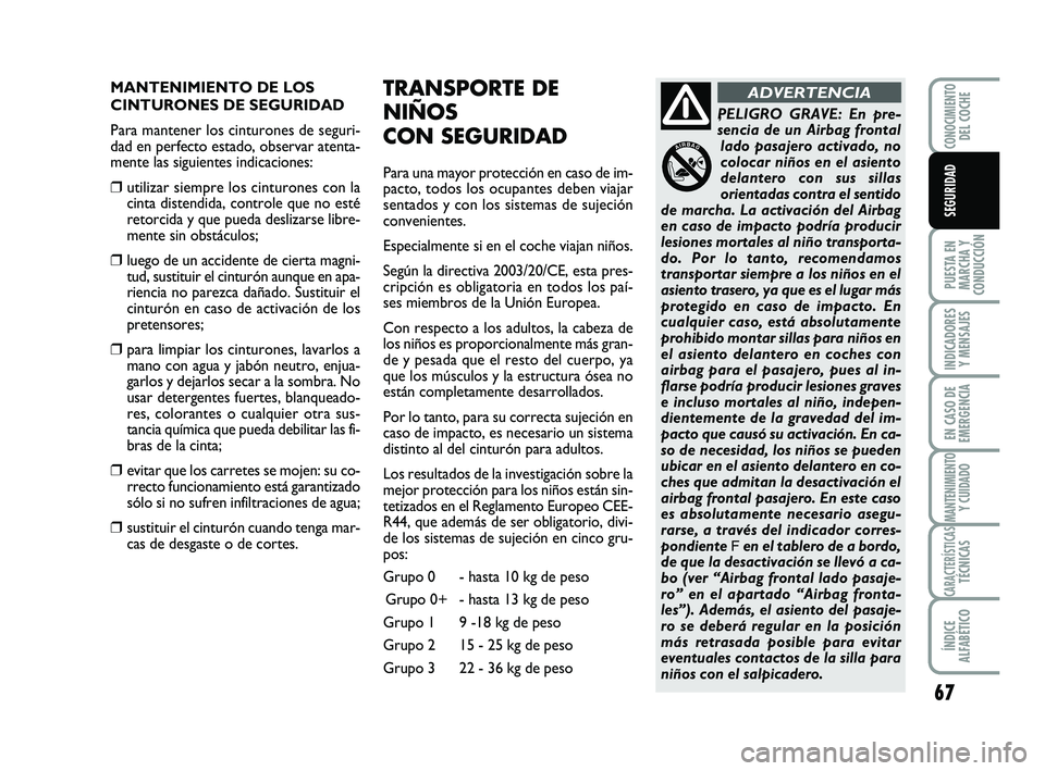 Abarth 500 2009 Manual de Empleo y Cuidado (in Spanish) 67
PUESTA EN
MARCHA Y
CONDUCCIÓN
INDICADORES
Y MENSAJES
EN CASO DE
EMERGENCIA
MANTENIMIENTOY CUIDADO
CARACTERÍSTICASTÉCNICAS
ÍNDICE
ALFABÉTICO
CONOCIMIENTODEL COCHE
SEGURIDAD
MANTENIMIENTO DE LOS Abarth 500 2009 Manual de Empleo y Cuidado (in Spanish) 67
PUESTA EN
MARCHA Y
CONDUCCIÓN
INDICADORES
Y MENSAJES
EN CASO DE
EMERGENCIA
MANTENIMIENTOY CUIDADO
CARACTERÍSTICASTÉCNICAS
ÍNDICE
ALFABÉTICO
CONOCIMIENTODEL COCHE
SEGURIDAD
MANTENIMIENTO DE LOS