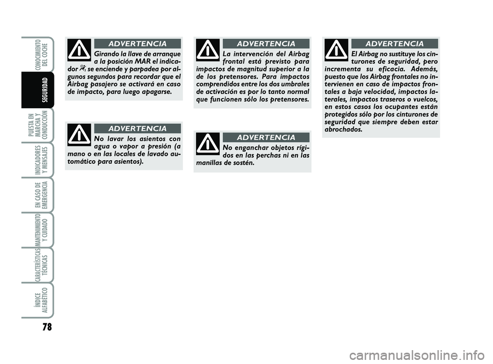 Abarth 500 2009 Manual de Empleo y Cuidado (in Spanish) 78
PUESTA EN
MARCHA Y
CONDUCCIÓN
INDICADORES
Y MENSAJES
EN CASO DE
EMERGENCIA
MANTENIMIENTOY CUIDADO
CARACTERÍSTICASTÉCNICAS
ÍNDICE
ALFABÉTICO
CONOCIMIENTODEL COCHE
SEGURIDAD
No lavar los asiento Abarth 500 2009 Manual de Empleo y Cuidado (in Spanish) 78
PUESTA EN
MARCHA Y
CONDUCCIÓN
INDICADORES
Y MENSAJES
EN CASO DE
EMERGENCIA
MANTENIMIENTOY CUIDADO
CARACTERÍSTICASTÉCNICAS
ÍNDICE
ALFABÉTICO
CONOCIMIENTODEL COCHE
SEGURIDAD
No lavar los asiento