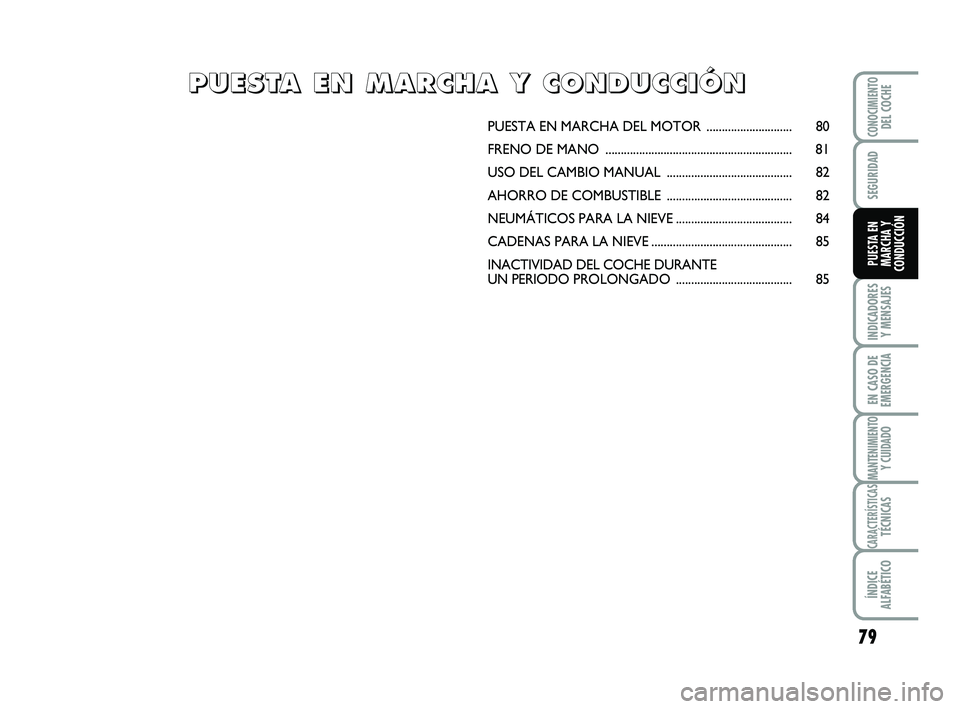 Abarth 500 2009  Manual de Empleo y Cuidado (in Spanish) 79
INDICADORES
Y MENSAJES
EN CASO DE
EMERGENCIA
MANTENIMIENTOY CUIDADO
CARACTERÍSTICASTÉCNICAS
ÍNDICE
ALFABÉTICO
CONOCIMIENTODEL COCHE
SEGURIDAD
PUESTA EN
MARCHA Y
CONDUCCIÓN
PUESTA EN MARCHA DEL