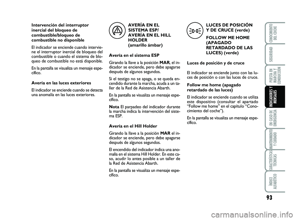 Abarth 500 2009 Manual de Empleo y Cuidado (in Spanish) 93
EN CASO DE
EMERGENCIA
MANTENIMIENTOY CUIDADO
CARACTERÍSTICASTÉCNICAS
ÍNDICE
ALFABÉTICO
CONOCIMIENTODEL COCHE
SEGURIDAD
PUESTA EN
MARCHA Y
CONDUCCIÓN
INDICADORES Y
MENSAJES
LUCES DE POSICIÓN
Abarth 500 2009 Manual de Empleo y Cuidado (in Spanish) 93
EN CASO DE
EMERGENCIA
MANTENIMIENTOY CUIDADO
CARACTERÍSTICASTÉCNICAS
ÍNDICE
ALFABÉTICO
CONOCIMIENTODEL COCHE
SEGURIDAD
PUESTA EN
MARCHA Y
CONDUCCIÓN
INDICADORES Y
MENSAJES
LUCES DE POSICIÓN