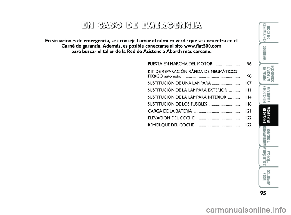 Abarth 500 2009 Manual de Empleo y Cuidado (in Spanish) 95
INDICADORES
Y MENSAJES
MANTENIMIENTOY CUIDADO
CARACTERÍSTICASTÉCNICAS
ÍNDICE
ALFABÉTICO
CONOCIMIENTODEL COCHE
SEGURIDAD
PUESTA EN
MARCHA Y
CONDUCCIÓN
EN CASO DE
EMERGENCIA
PUESTA EN MARCHA DEL Abarth 500 2009 Manual de Empleo y Cuidado (in Spanish) 95
INDICADORES
Y MENSAJES
MANTENIMIENTOY CUIDADO
CARACTERÍSTICASTÉCNICAS
ÍNDICE
ALFABÉTICO
CONOCIMIENTODEL COCHE
SEGURIDAD
PUESTA EN
MARCHA Y
CONDUCCIÓN
EN CASO DE
EMERGENCIA
PUESTA EN MARCHA DEL