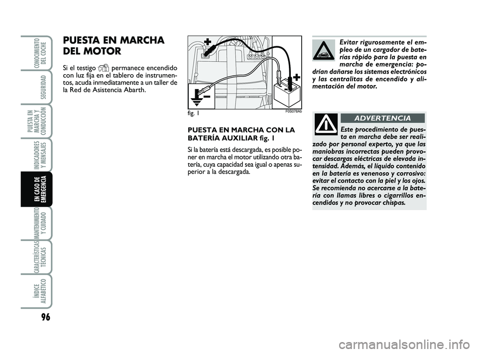 Abarth 500 2009 Manual de Empleo y Cuidado (in Spanish) PUESTA EN MARCHA CON LA
BATERÍA AUXILIAR fig. 1
Si la batería está descargada, es posible po-
ner en marcha el motor utilizando otra ba-
tería, cuya capacidad sea igual o apenas su-
perior a la de Abarth 500 2009 Manual de Empleo y Cuidado (in Spanish) PUESTA EN MARCHA CON LA
BATERÍA AUXILIAR fig. 1
Si la batería está descargada, es posible po-
ner en marcha el motor utilizando otra ba-
tería, cuya capacidad sea igual o apenas su-
perior a la de