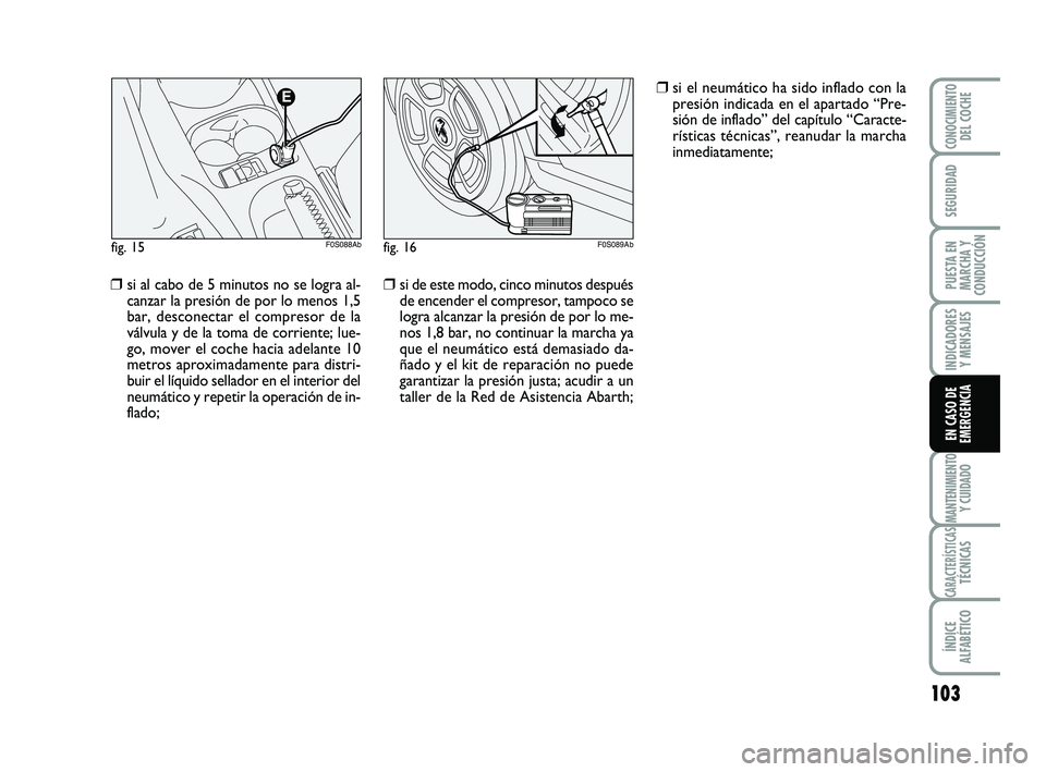 Abarth 500 2012 Manual de Empleo y Cuidado (in Spanish) 103
INDICADORES
Y MENSAJES
MANTENIMIENTOY CUIDADO
CARACTERÍSTICASTÉCNICAS
ÍNDICE
ALFABÉTICO
CONOCIMIENTODEL COCHE
SEGURIDAD
PUESTA EN
MARCHA Y
CONDUCCIÓN
EN CASO DE
EMERGENCIA
❒si al cabo de 5 Abarth 500 2012 Manual de Empleo y Cuidado (in Spanish) 103
INDICADORES
Y MENSAJES
MANTENIMIENTOY CUIDADO
CARACTERÍSTICASTÉCNICAS
ÍNDICE
ALFABÉTICO
CONOCIMIENTODEL COCHE
SEGURIDAD
PUESTA EN
MARCHA Y
CONDUCCIÓN
EN CASO DE
EMERGENCIA
❒si al cabo de 5