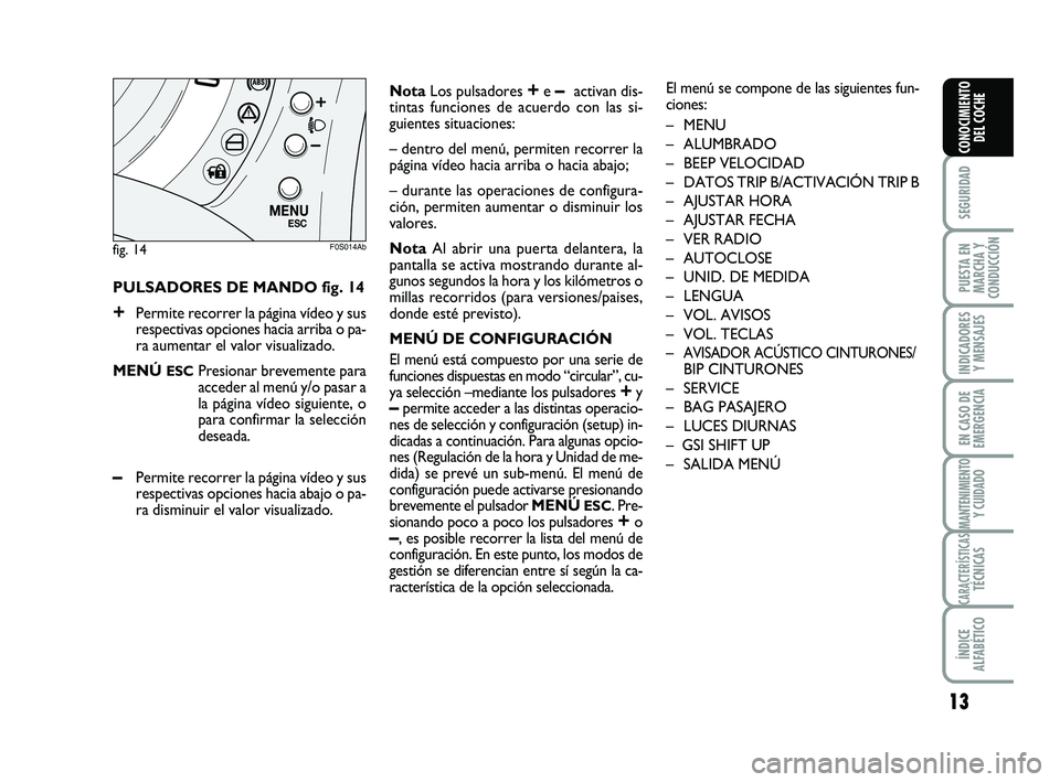 Abarth 500 2012 Manual de Empleo y Cuidado (in Spanish)
13
SEGURIDAD
PUESTA EN
MARCHA Y
CONDUCCIÓN
INDICADORES Y MENSAJES
EN CASO DE
EMERGENCIA
MANTENIMIENTOY CUIDADO
CARACTERÍSTICASTÉCNICAS
ÍNDICE
ALFABÉTICO
CONOCIMIENTO DEL COCHE
PULSADORES Abarth 500 2012 Manual de Empleo y Cuidado (in Spanish)
13
SEGURIDAD
PUESTA EN
MARCHA Y
CONDUCCIÓN
INDICADORES Y MENSAJES
EN CASO DE
EMERGENCIA
MANTENIMIENTOY CUIDADO
CARACTERÍSTICASTÉCNICAS
ÍNDICE
ALFABÉTICO
CONOCIMIENTO DEL COCHE
PULSADORES