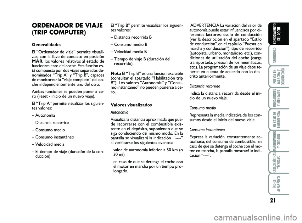 Abarth 500 2012 Manual de Empleo y Cuidado (in Spanish) 21
SEGURIDAD
PUESTA EN
MARCHA Y
CONDUCCIÓN
INDICADORES
Y MENSAJES
EN CASO DE
EMERGENCIA
MANTENIMIENTOY CUIDADO
CARACTERÍSTICASTÉCNICAS
ÍNDICE
ALFABÉTICO
CONOCIMIENTO
DEL COCHE
ORDENADOR DE VIAJE
Abarth 500 2012 Manual de Empleo y Cuidado (in Spanish) 21
SEGURIDAD
PUESTA EN
MARCHA Y
CONDUCCIÓN
INDICADORES
Y MENSAJES
EN CASO DE
EMERGENCIA
MANTENIMIENTOY CUIDADO
CARACTERÍSTICASTÉCNICAS
ÍNDICE
ALFABÉTICO
CONOCIMIENTO
DEL COCHE
ORDENADOR DE VIAJE