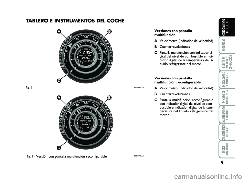 Abarth 500 2012  Manual de Empleo y Cuidado (in Spanish) TABLERO E INSTRUMENTOS DEL COCHE 
9
SEGURIDAD
PUESTA EN
MARCHA Y
CONDUCCIÓN
INDICADORES
Y MENSAJES
EN CASO DE
EMERGENCIA
MANTENIMIENTOY CUIDADO
CARACTERÍSTICASTÉCNICAS
ÍNDICE
ALFABÉTICO
CONOCIMIE