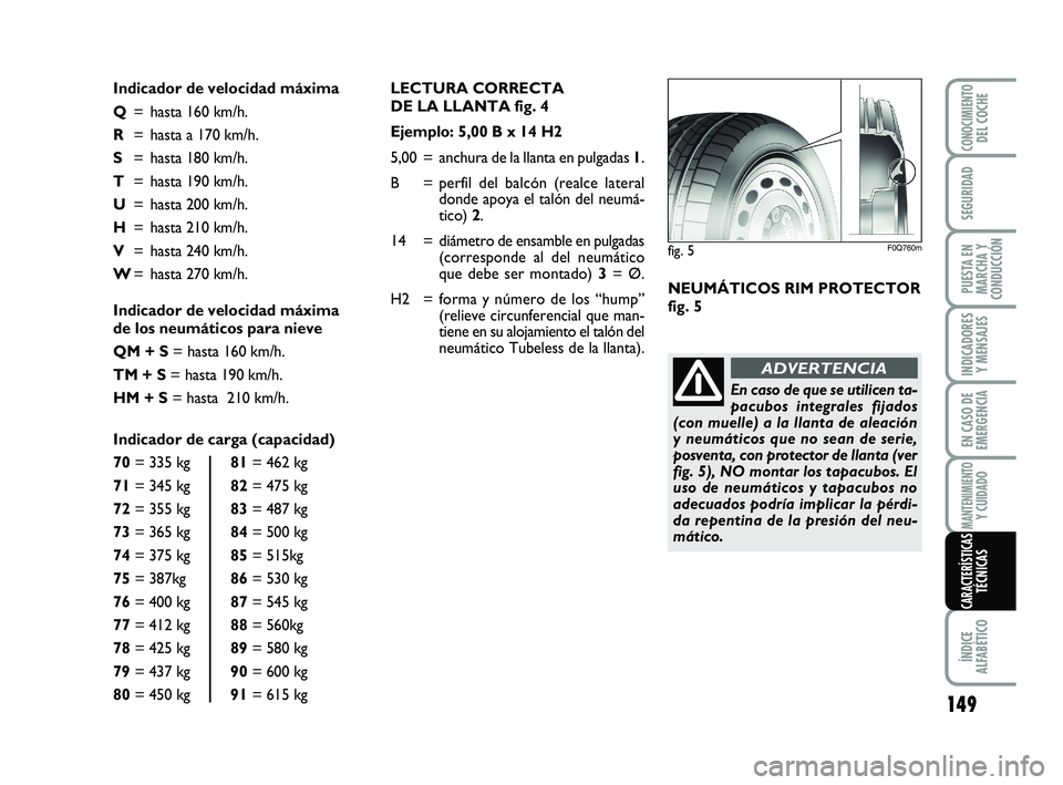 Abarth 500 2013  Manual de Empleo y Cuidado (in Spanish) LECTURA CORRECTA 
DE LA LLANTA fig. 4
Ejemplo: 5,00 B x 14 H2 
5,00 = anchura de la llanta en pulgadas 1.
B = perfil del balcón (realce lateral
donde apoya el talón del neumá-
tico) 2.
14 = diámet