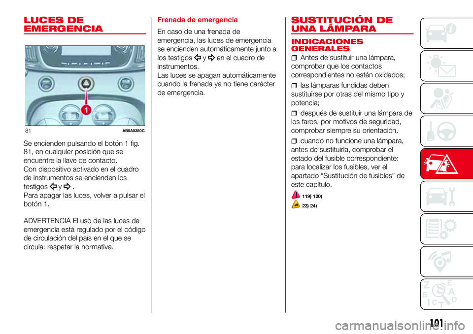 Abarth 500 2017  Manual de Empleo y Cuidado (in Spanish) LUCES DE
EMERGENCIA
Se encienden pulsando el botón 1 fig.
81, en cualquier posición que se
encuentre la llave de contacto.
Con dispositivo activado en el cuadro
de instrumentos se encienden los
test