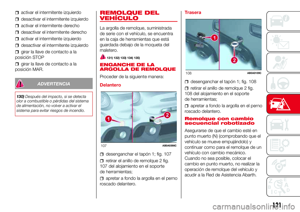Abarth 500 2017  Manual de Empleo y Cuidado (in Spanish) activar el intermitente izquierdo
desactivar el intermitente izquierdo
activar el intermitente derecho
desactivar el intermitente derecho
activar el intermitente izquierdo
desactivar el intermitente i