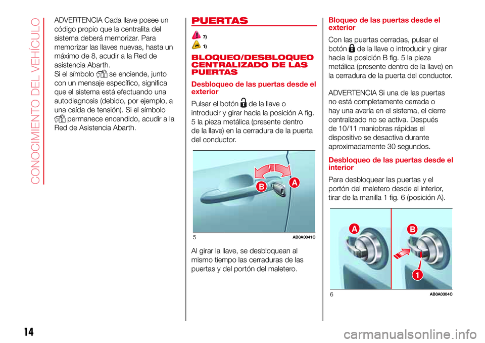 Abarth 500 2017 Manual de Empleo y Cuidado (in Spanish) ADVERTENCIA Cada llave posee un
código propio que la centralita del
sistema deberá memorizar. Para
memorizar las llaves nuevas, hasta un
máximo de 8, acudir a la Red de
asistencia Abarth.
Si el sí Abarth 500 2017 Manual de Empleo y Cuidado (in Spanish) ADVERTENCIA Cada llave posee un
código propio que la centralita del
sistema deberá memorizar. Para
memorizar las llaves nuevas, hasta un
máximo de 8, acudir a la Red de
asistencia Abarth.
Si el sí