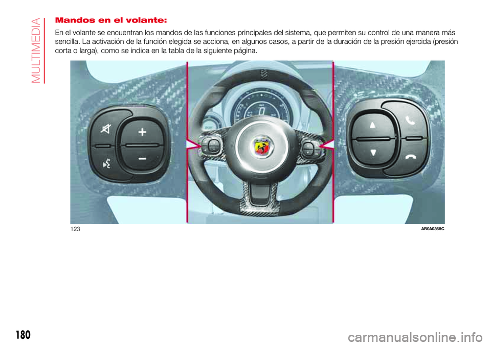 Abarth 500 2017  Manual de Empleo y Cuidado (in Spanish) Mandos en el volante:
En el volante se encuentran los mandos de las funciones principales del sistema, que permiten su control de una manera más
sencilla. La activación de la función elegida se acc
