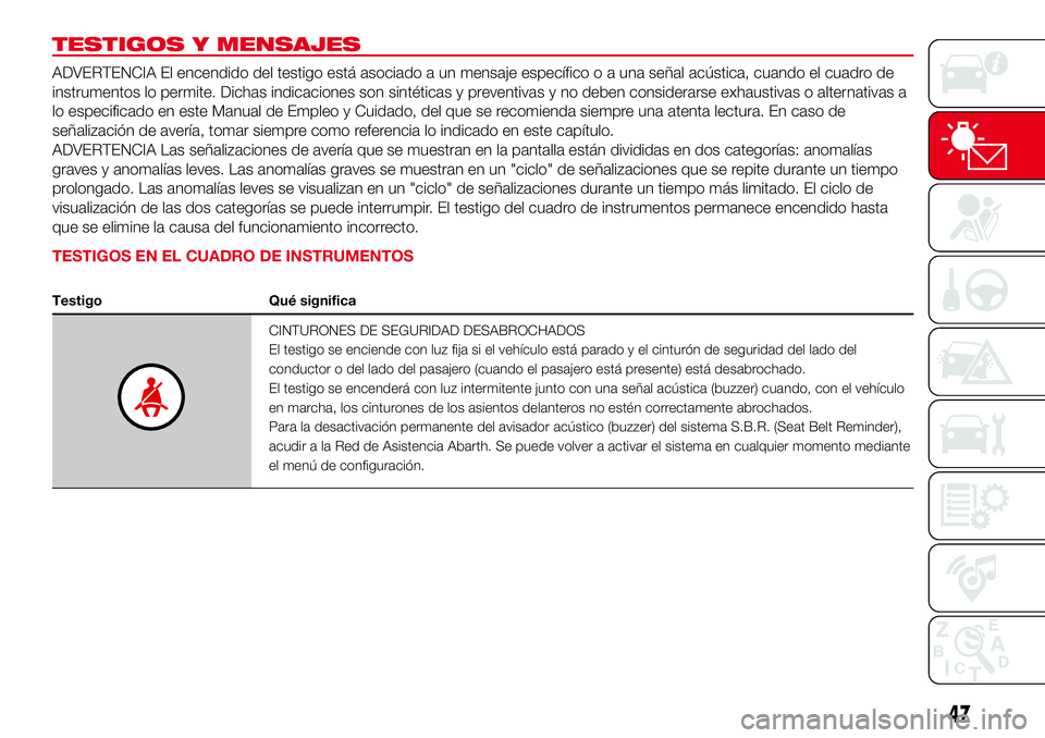 Abarth 500 2017  Manual de Empleo y Cuidado (in Spanish) TESTIGOS Y MENSAJES
ADVERTENCIA El encendido del testigo está asociado a un mensaje específico o a una señal acústica, cuando el cuadro de
instrumentos lo permite. Dichas indicaciones son sintéti