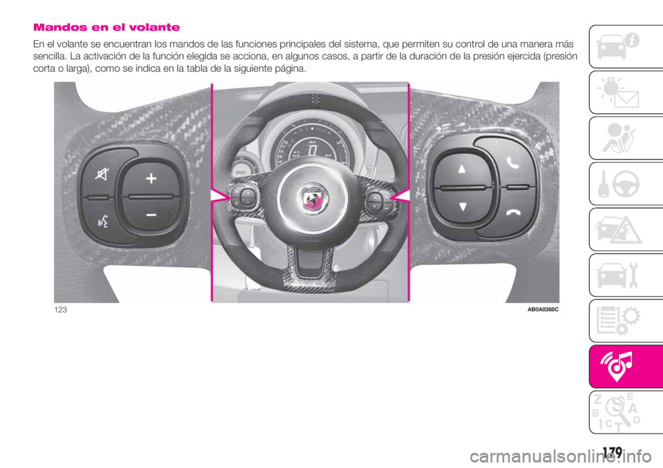 Abarth 500 2020  Manual de Empleo y Cuidado (in Spanish) Mandos en el volante
En el volante se encuentran los mandos de las funciones principales del sistema, que permiten su control de una manera más
sencilla. La activación de la función elegida se acci