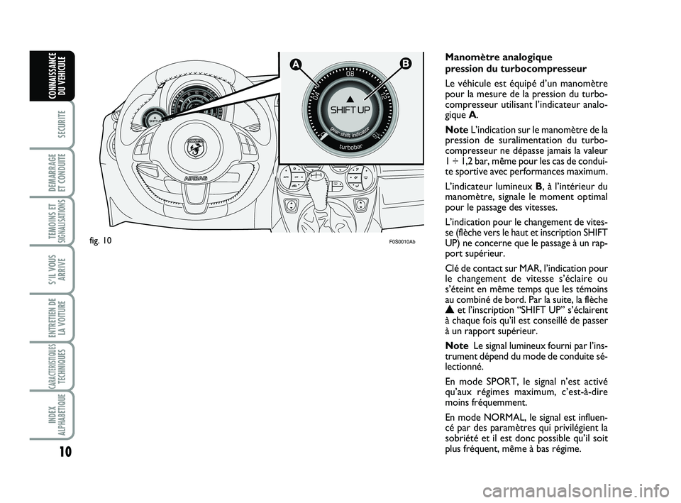 Abarth 500 2009 Notice dentretien (in French) 10
SECURITE
DEMARRAGE
ET CONDUITE
TEMOINS ETSIGNALISATION
S
S’IL VOUS
ARRIVE
ENTRETIEN DE
LA VOITURE
CARACTERISTIQUESTECHNIQUES
INDEX
ALPHABETIQUE
CONNAISSANCE
DU VEHICULE
Manomètre analogique
pr Abarth 500 2009 Notice dentretien (in French) 10
SECURITE
DEMARRAGE
ET CONDUITE
TEMOINS ETSIGNALISATION
S
S’IL VOUS
ARRIVE
ENTRETIEN DE
LA VOITURE
CARACTERISTIQUESTECHNIQUES
INDEX
ALPHABETIQUE
CONNAISSANCE
DU VEHICULE
Manomètre analogique
pr